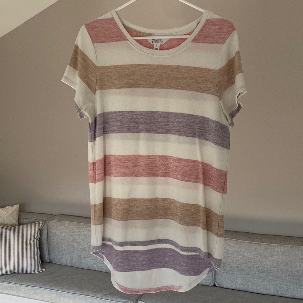 Market & Spruce Short Sleeved Shirt, White, Pink, Tan, and Purple Stripes